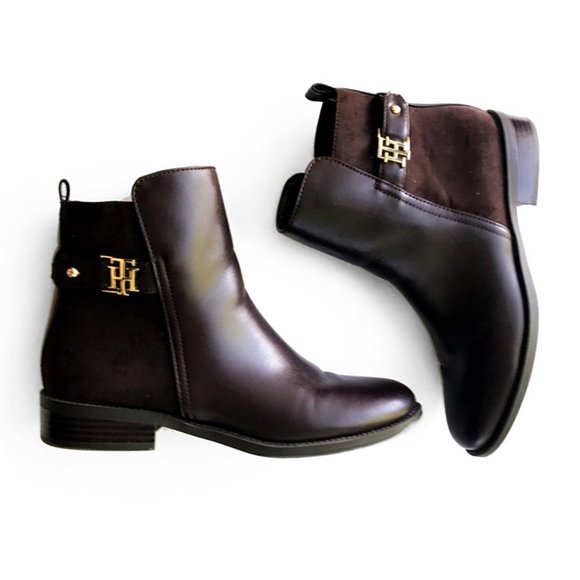 Tommy Hilfiger Irsela Brown Gold Ankle Zip Leather Booties - Picture 1 of 13